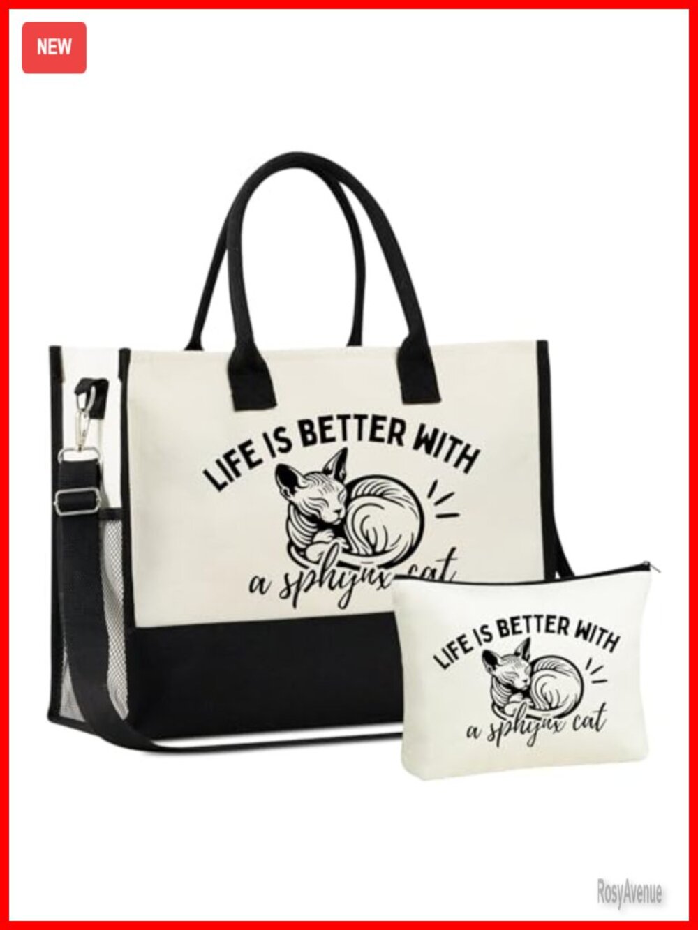 Sphynx Cat Canvas Tote Bag Large Zip Makeup Pouch Travel